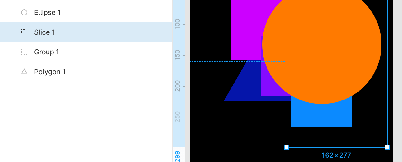 How to crop a shape in Figma: Out-of-group slice: the ellipse, triangle and group content will be exported